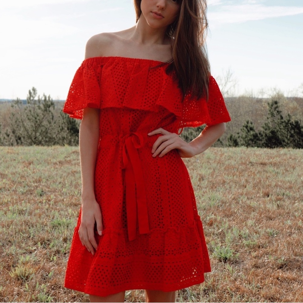 Likely size 4 off the shoulder eyelet red dress in excellent condition​